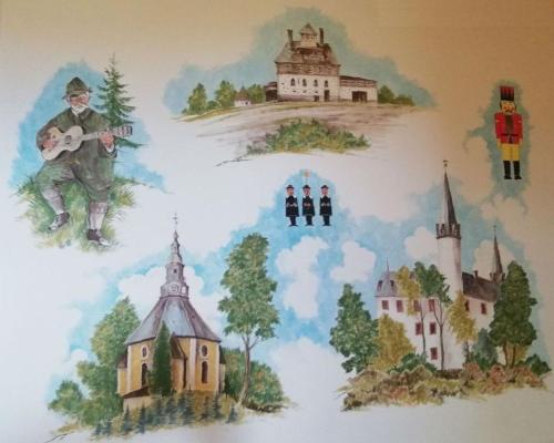 a wall with a painting of different types of buildings at Ferienwohnung Wiesenblick in Seiffen in Kurort Seiffen
