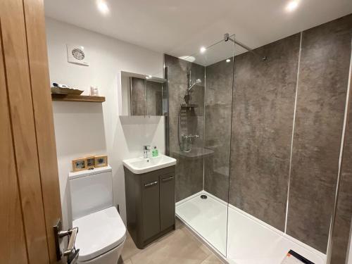 a bathroom with a shower and a toilet and a sink at The Garden Room at Amelia Cottage in Whiting Bay