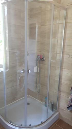 W łazience znajduje się prysznic ze szklanymi drzwiami. w obiekcie Domek na wsi 
