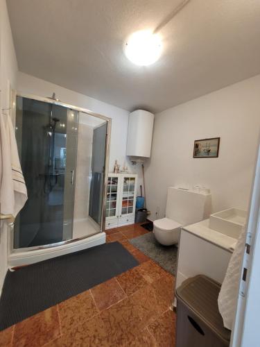 uma casa de banho com um chuveiro, um WC e um lavatório. em Ferienwohnung mit Pool Kroatien mit Meerblick und Pool em Lovran