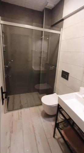 La salle de bains est pourvue d'une douche, de toilettes et d'un lavabo. dans l'établissement Santorini Evleri, à Marmaris