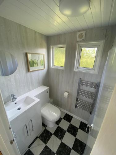 Łazienka z białą toaletą i umywalką w obiekcie Selsey Country Club Valencia Chalet w mieście Selsey