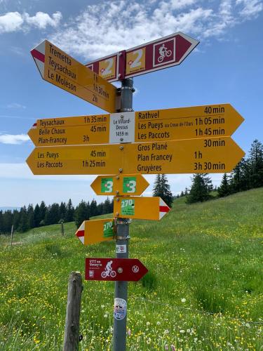 a street sign with many signs in a field at Boutique hôtel Corbetta - SPA 60m2 - La montagne à 5 minutes de l'autoroute A12 aux Paccots sur Montreux - NOUVEAU Loft familial - Profitez du Lac Léman et des montagnes en même temps in Les Paccots