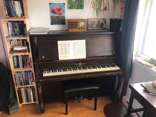 un piano sentado en una habitación junto a un estante de libros en Inukshuk Rooms en Churchill