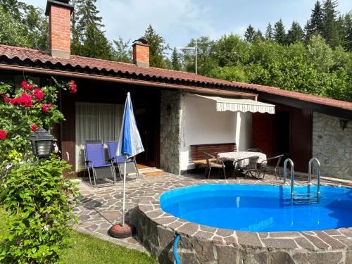 a house with a swimming pool and a table and chairs at Family lake house Zbilje in Ljubljana