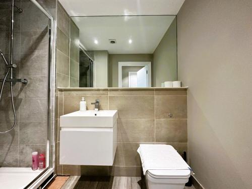 uma casa de banho com um WC, um lavatório e um chuveiro em Seaview Central Brighton One Bedroom Flat em Brighton & Hove