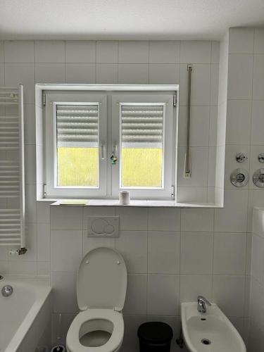 a bathroom with a toilet and a sink and a window at Pension Seckbach in Frankfurt/Main