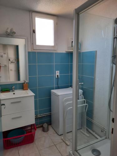 Un baño con inodoro, lavabo y ducha. en Joli T2 38 m2 rénové idéalement situé, en Seignosse