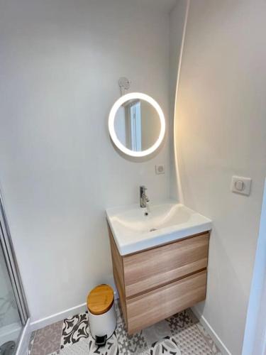 een badkamer met een wastafel en een spiegel bij Las Vegas - appartement à Reims in Reims
