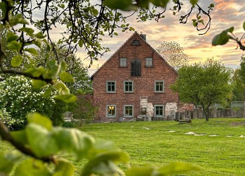 una vieja casa de ladrillo en un campo de hierba en Dom na Krzewiu, en Gryfów Śląski