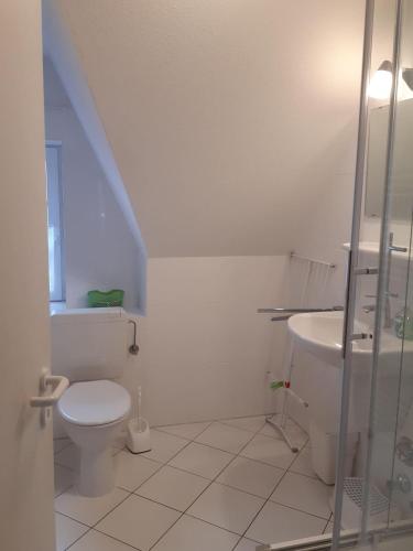 a white bathroom with a toilet and a sink at Oland-3 in Brösum