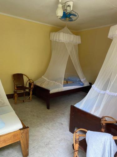 a bedroom with two beds with mosquito nets at Fig Tree Lodge Camp in Mto wa Mbu