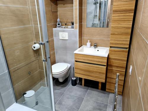 une salle de bain avec toilettes, lavabo et douche dans l'établissement Appartement Mediterranée 150m de la Plage, à Canet