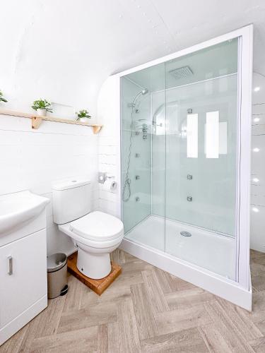 a bathroom with a shower and a toilet at Bowhayes Farm - Camping & Glamping - Bell Tents - Cider Orchard in Venn Ottery