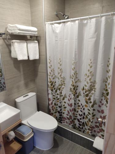 a bathroom with a toilet and a shower curtain at Vistara Suites in Iquique