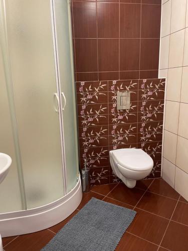 y baño pequeño con aseo y ducha. en VillaAnita, en Augustów
