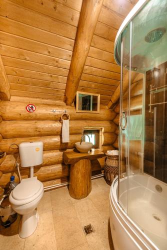 a log cabin bathroom with a toilet and a tub at Cabana Mirajul Apusenilor in Dealu Negru