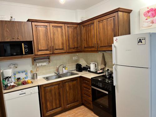 - une cuisine avec des placards en bois et un réfrigérateur blanc dans l'établissement Philoxenia Oasis Supreme Apartment, à Alexandroúpolis