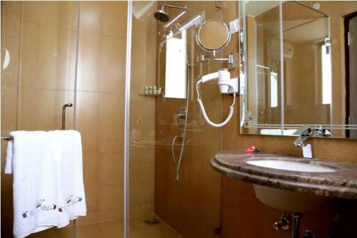 a bathroom with a sink and a shower with a mirror at Hotel King Palace in Jaipur