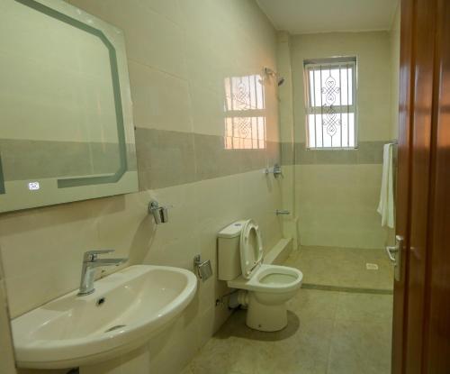 La salle de bains est pourvue d'un lavabo, de toilettes et d'un miroir. dans l'établissement Executive apartments at kileleshwa estate in wote town, à Wote