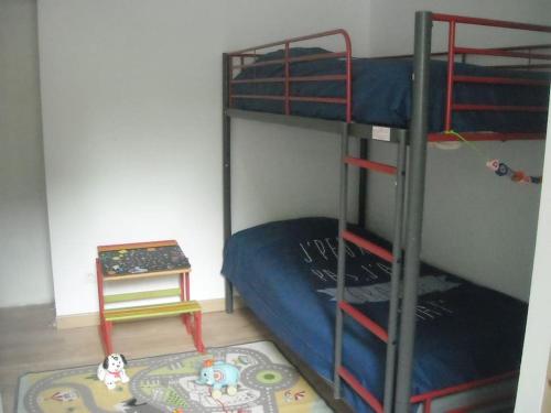 sypialnia z 2 łóżkami piętrowymi i dywanem w obiekcie CHARMANTE MAISON PAISIBLE 6 PERSONNES w mieście Vendays-Montalivet