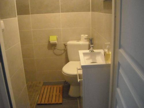 une petite salle de bain avec toilettes et lavabo dans l'établissement CHARMANTE MAISON PAISIBLE 6 PERSONNES, à Vendays-Montalivet