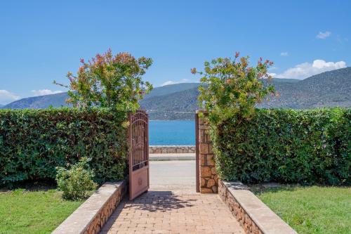 an open wooden gate with trees on top of a hedge at Villa Pasithea in Korfos