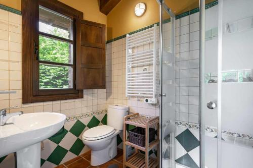 a bathroom with a toilet and a sink and a shower at Casa escondida cuencu in Margolles