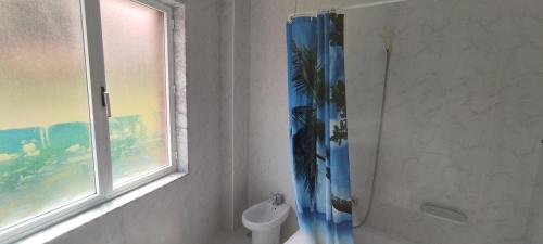 a bathroom with a shower with a penguin shower curtain at Piso en Muros 2º PL2 in Serres