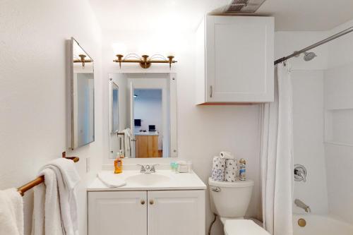 a bathroom with a sink and a toilet and a mirror at Slope-Walk Condo in Sandpoint