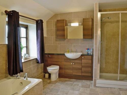 y baño con aseo, lavabo y ducha. en Cosy Farm house in Forest of Dean en Westbury on Severn