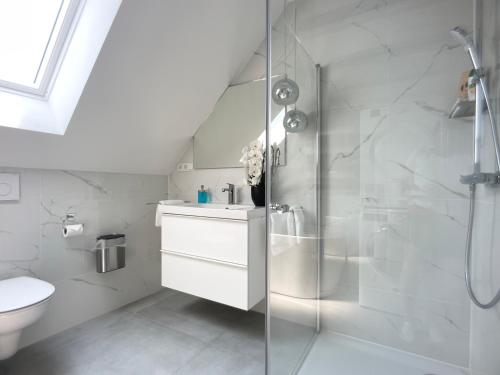 uma casa de banho com um chuveiro, um lavatório e um WC. em M-Style 04 Apartment mit Balkon und Gasgrill, 24h Self-Check-In, Free Parking, Netflix em Nurembergue
