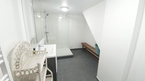 a bathroom with a shower and a table and chairs at La Louve in Basse-sur-le-Rupt