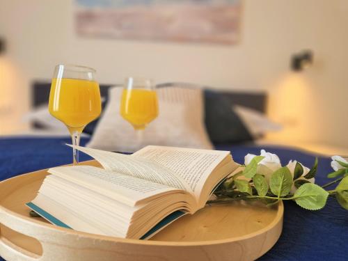 um livro aberto sobre uma mesa com dois copos de sumo de laranja em Apartment Ana - Gradac em Gradac