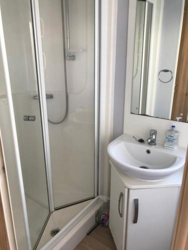a bathroom with a shower and a sink at Holiday Caravan, Pebble Bank in Wyke Regis