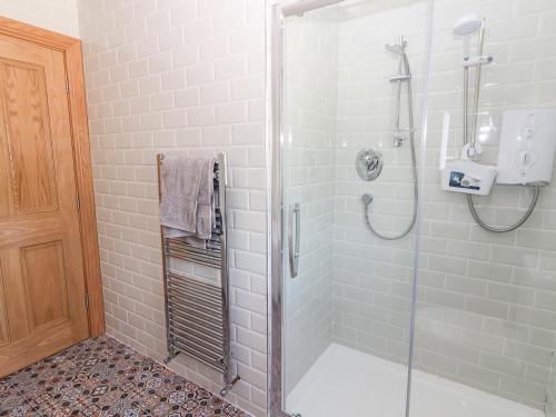 a bathroom with a shower with a glass door at Lack Cottage in Tralee