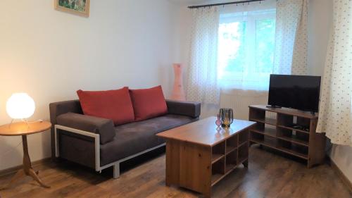 a living room with a couch and a tv at Jazz Old Town Apartment in Krakow