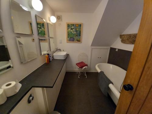a bathroom with a sink and a tub and a toilet at Gesail Barn and Farmhouse in Machynlleth