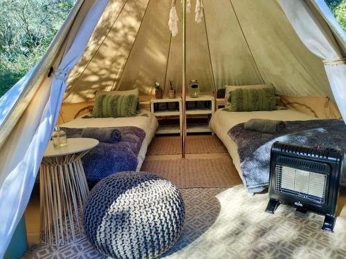 Zelt mit 2 Betten und einem Tisch in der Unterkunft Gaia Double bell tent in Swellendam