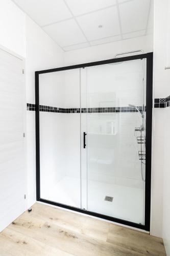 a glass shower door in a white room at Hôtel De La Plage in Le Chambon-sur-Lignon