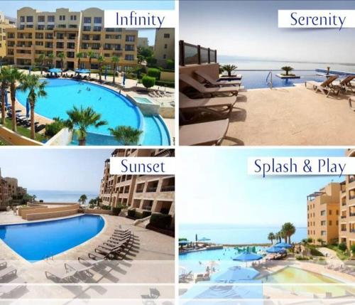 a collage of four pictures of a resort at Dead Sea Jordan Sea View Samarah Resort Traveler Award 2024 winner in Sowayma