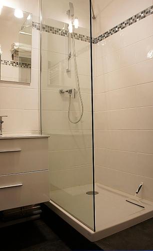 une douche avec une porte vitrée dans une salle de bain dans l'établissement Les Jardins du Clain, à Poitiers