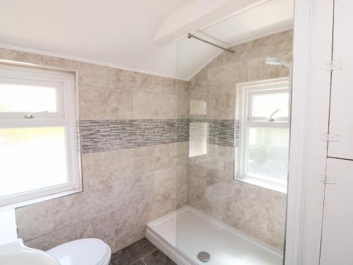 a bathroom with a shower and a tub and a toilet at Thornlea View in Hope-Cove