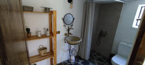 een badkamer met een wastafel en een spiegel aan de muur bij Aiolos in Kalamaki Messinia