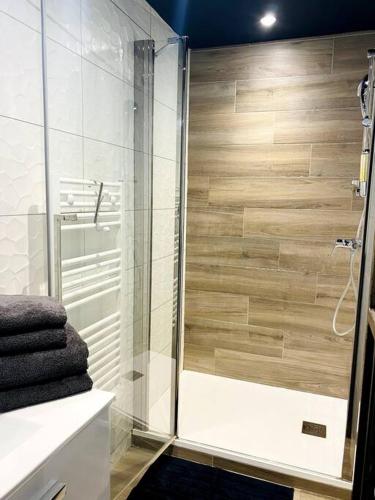 une douche avec une porte vitrée dans une salle de bain dans l'établissement Magnifique appartement t2, à Collobrières