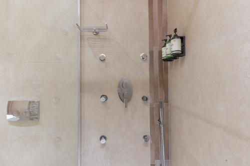 a shower in a bathroom with a glass door at IKIA KATSANI in Afitos