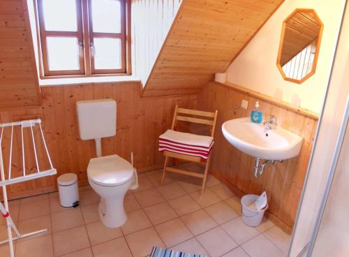 ein Bad mit einem WC und einem Waschbecken in der Unterkunft Rügen Fewo 106 in Wiek auf Rügen 