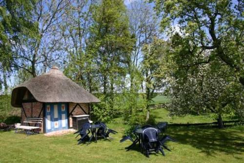 ミデルハーゲンにあるRohrdachhusの四頭の馬が前に並ぶ小屋