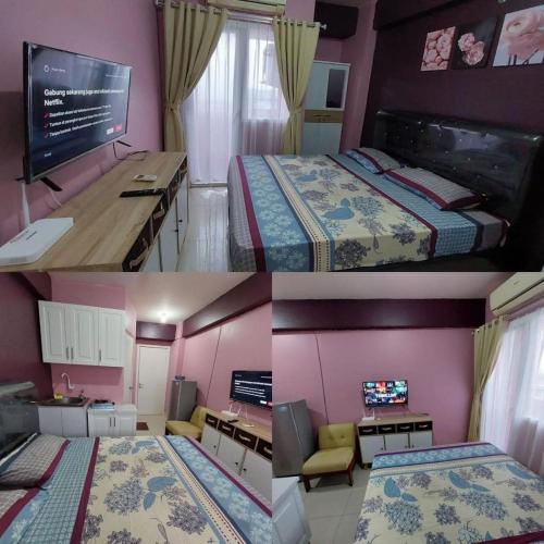 two pictures of a room with two beds and a tv at ilham ganteng hote in Serang