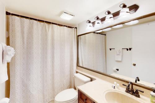 uma casa de banho com um WC, um lavatório e um espelho. em Bonita Breeze em Bonita Springs